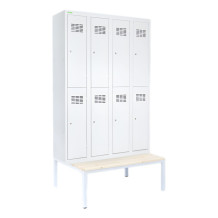 8dveřová šatní skříň s krátkými dveřmi, LOCKER H 4/8 s doplněnou vestavěnou lavičkou
