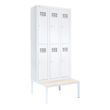 6dveřová šatní skříň s krátkými dveřmi, LOCKER H 3/6 s doplněnou vestavěnou lavičkou