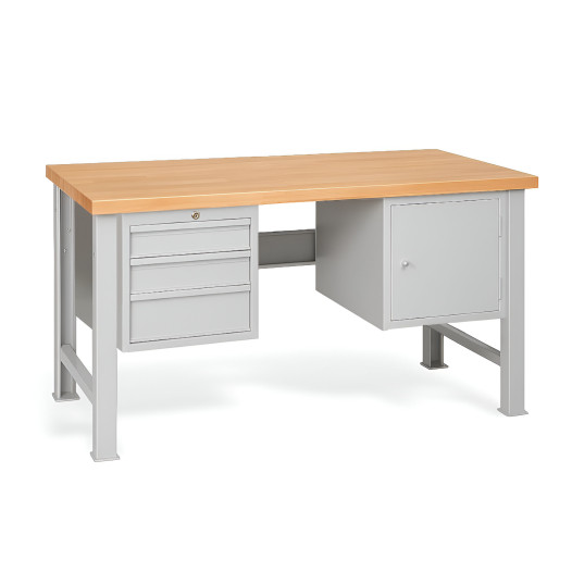 MODULBENCH GE 1500 D3C1 | Pracovní stůl se 3 závěsnými zásuvkami a skříňkou, s pevnými nohami, 1500 mm